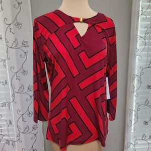 LIZ Claiborne Career Red Black V-Neck Gold Bar Keyhole Stretch 3/4 Sleeve Top S
